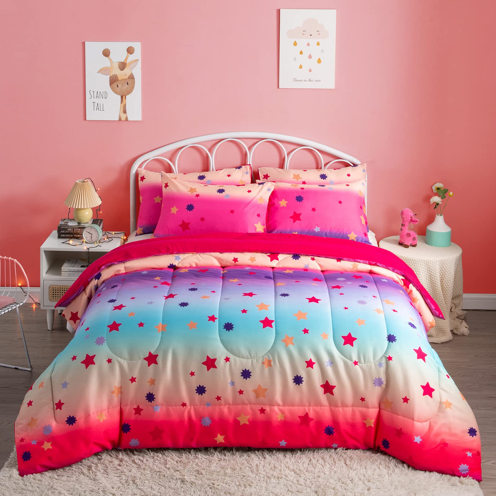 SUCHDECO Twin Comforter Set for Girls Rainbow Bedding with Colorful Stars  PCS Twin Size Children Comforter with Pillowcases for Kids Teens Girls
