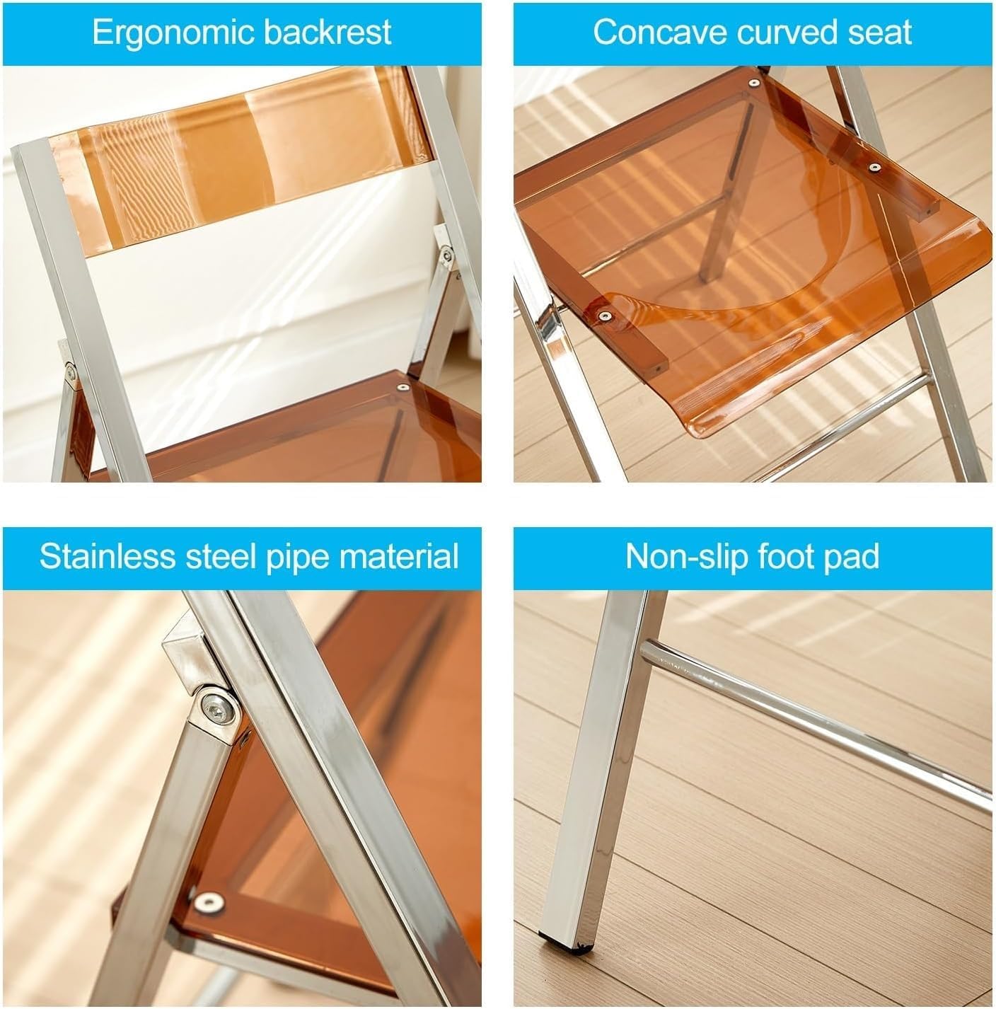 Modern Transparent Folding Chair Acrylic Folding Ghost Stackable Crystal Seat-PC Plastic Living Room(Grey)