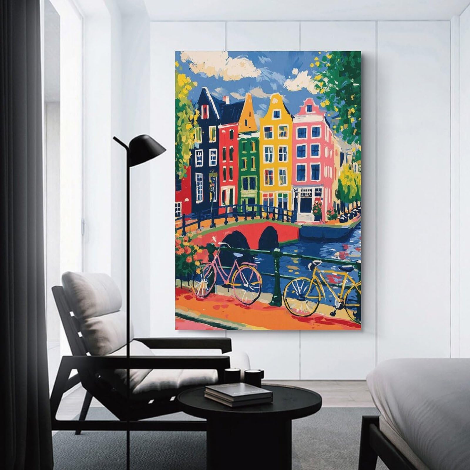 Junmoney Unframe-Style-18 Colorful Amsterdam Canal Scene With Bicycles Wall Decor Canvas Print, 20X30inch(50X75cm), For Flats, Guest Rooms Or Compact Rooms, A Simple Refresh For Blank Walls