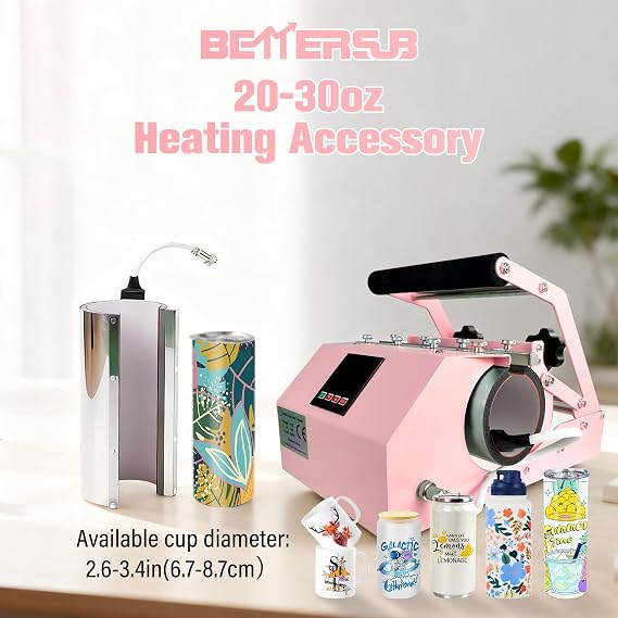 BetterSub 4in1 Set 3oz Shot Glass Tumbler Heat Press Machine 30oz 20oz Sublimation Straight Skinny Tumbler, 11oz 15oz 16oz 17oz Sublimation Mug Heat Transfer Pink