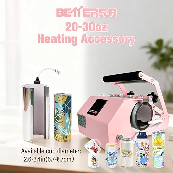BetterSub 4in1 Set 3oz Shot Glass Tumbler Heat Press Machine 30oz 20oz Sublimation Straight Skinny Tumbler, 11oz 15oz 16oz 17oz Sublimation Mug Heat Transfer Pink