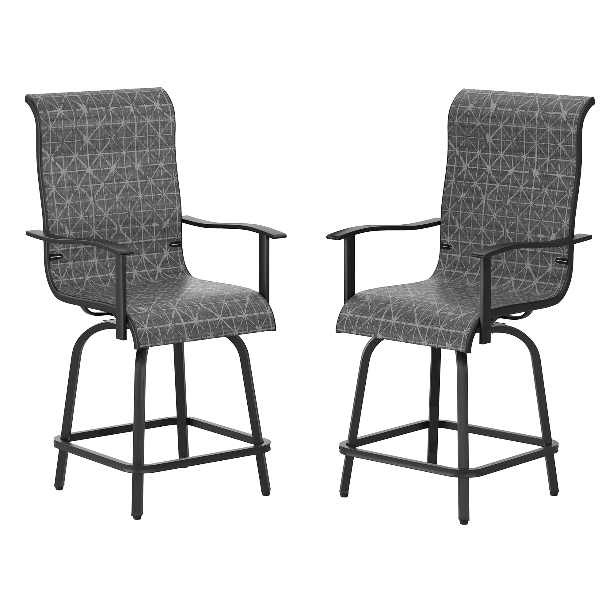 VONZOYPatio Swivel Bar Stools Set of 2, Outdoor Bar Height Chairs, All-Weather Textilene Metal Frame Barstools with High Back and Armrest for Backyard, Garden, Balcony, Pool, Black & Grey Plaid