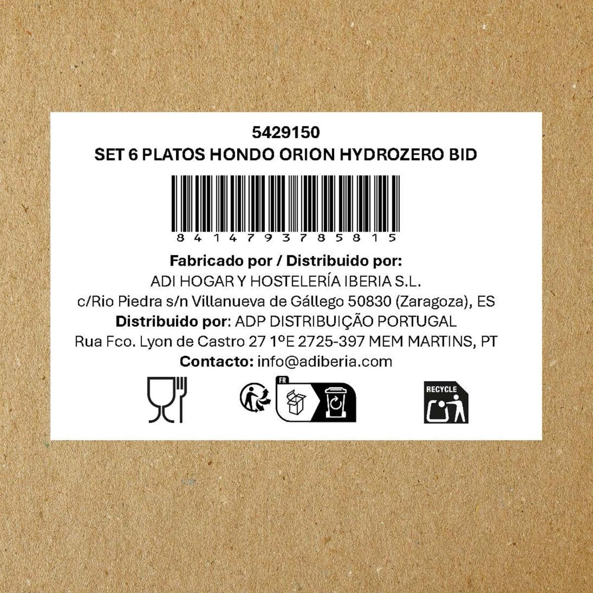 Bidasoa Set de 6 platos hondos Orion Hydrozero de porcelana 23 cm | Blanco, Porcelana, formato redondo, acabado brillo, 23 cm, 6 piezas, apilable, apto para microondas