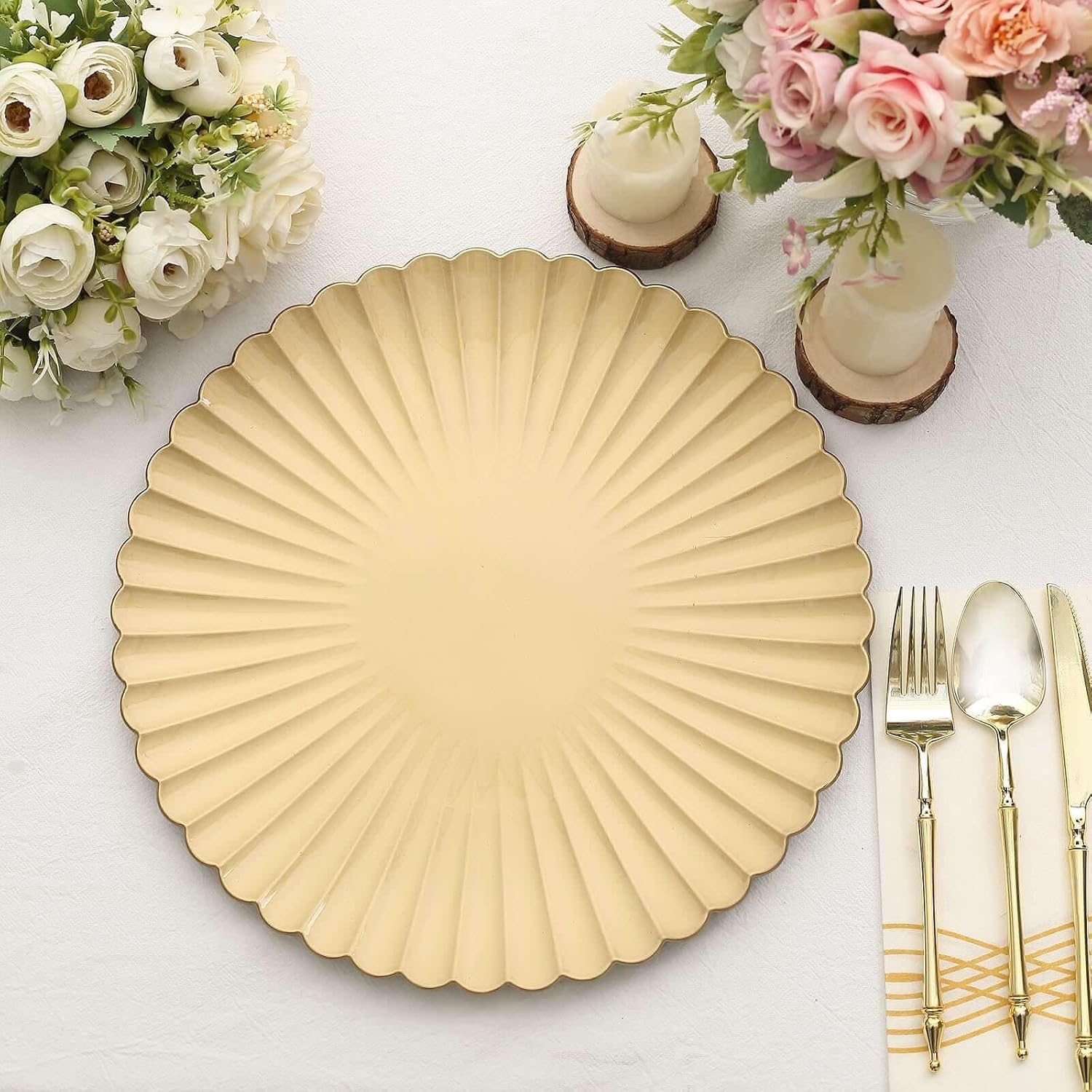 Efavormart 6-Pack 13" Gold Scalloped Shell Pattern Charger Plates, Ocean Inspired Textured Underplates for Coastal Weddings and Summer Galas