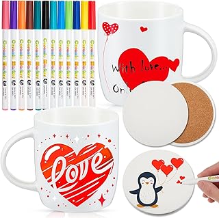 Geiserailie 2 Pcs Paint Your Own Mug DIY Paintable Mug Kit Including 2 Blank Ceramic Sublimation Mugs, 2 Coasters and 12 Color Brushes, Valentine\'s Day Personalized Funny DIY Gift(Common Style)