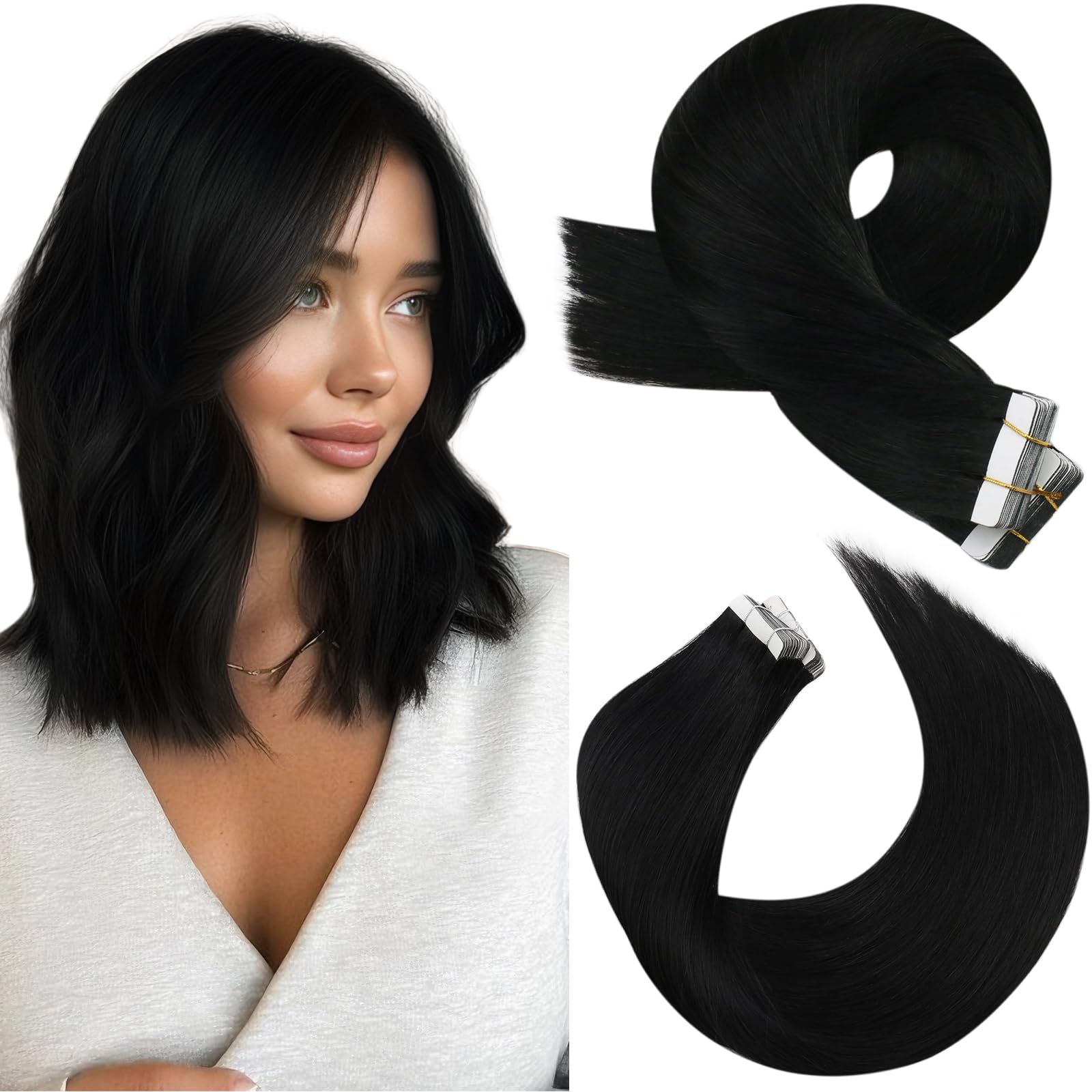 Moresoo Tape Hair Extensions Real Human Hair 18 Inch Jet Black Human Hair Extensions Tape in Black Remy Hair Straight Silky Soft for Women Natural Looking 20pcs/50g #1 — view 94