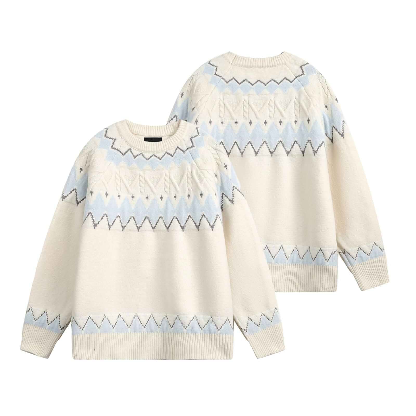 Women's Vintage Geometric Pattern Crewneck Fair Isle Knit Sweater Long Sleeve Chunky Cable Sweater Tops Adult · Long Sleeve