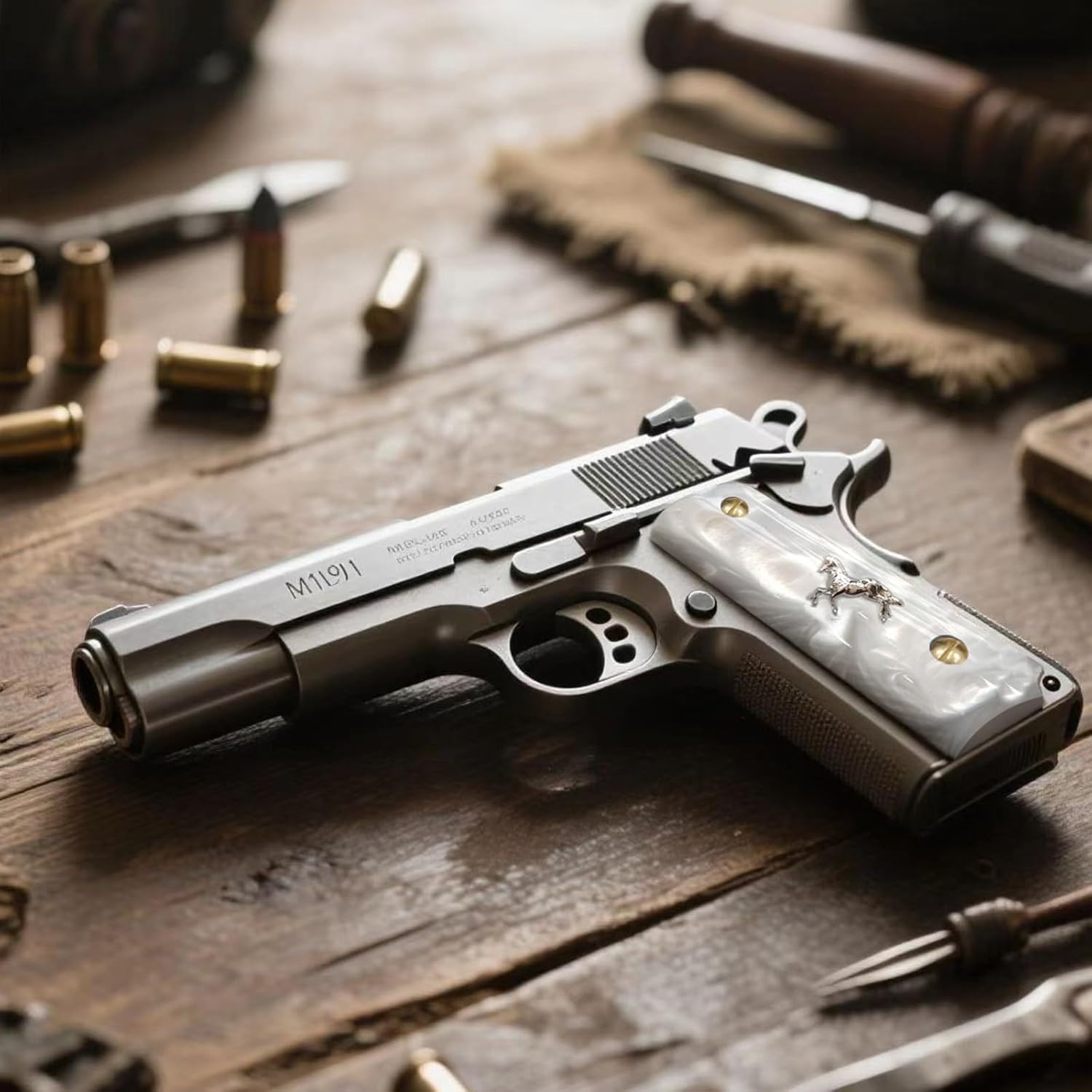 1911 Grips Full Size,White Pearl,Black Pearl,Bonded Ivory,Silver Horse,Gold Horse,Aztec,Fits Colt,Kimber,Springfield,Remington,Rock Island .etc,Government Commander Models,Resin Material