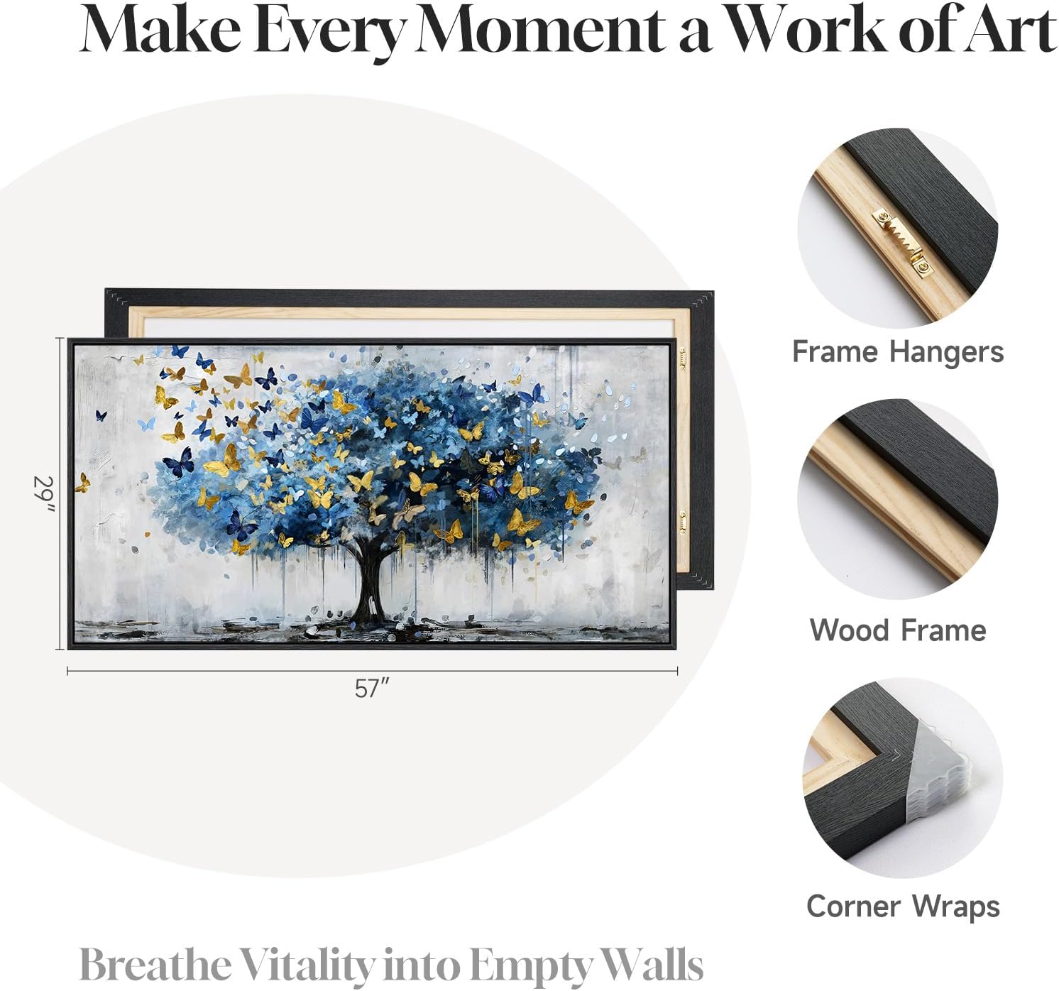 Framed Abstract Tree of Life Wall Art for Living Room, Large Horizontal Navy Blue Canvas Artwork for Walls, Farmhouse Tree and Butterfly Nature Pictures Prints Paintings for Bedroom Hallway 60x30 Inch