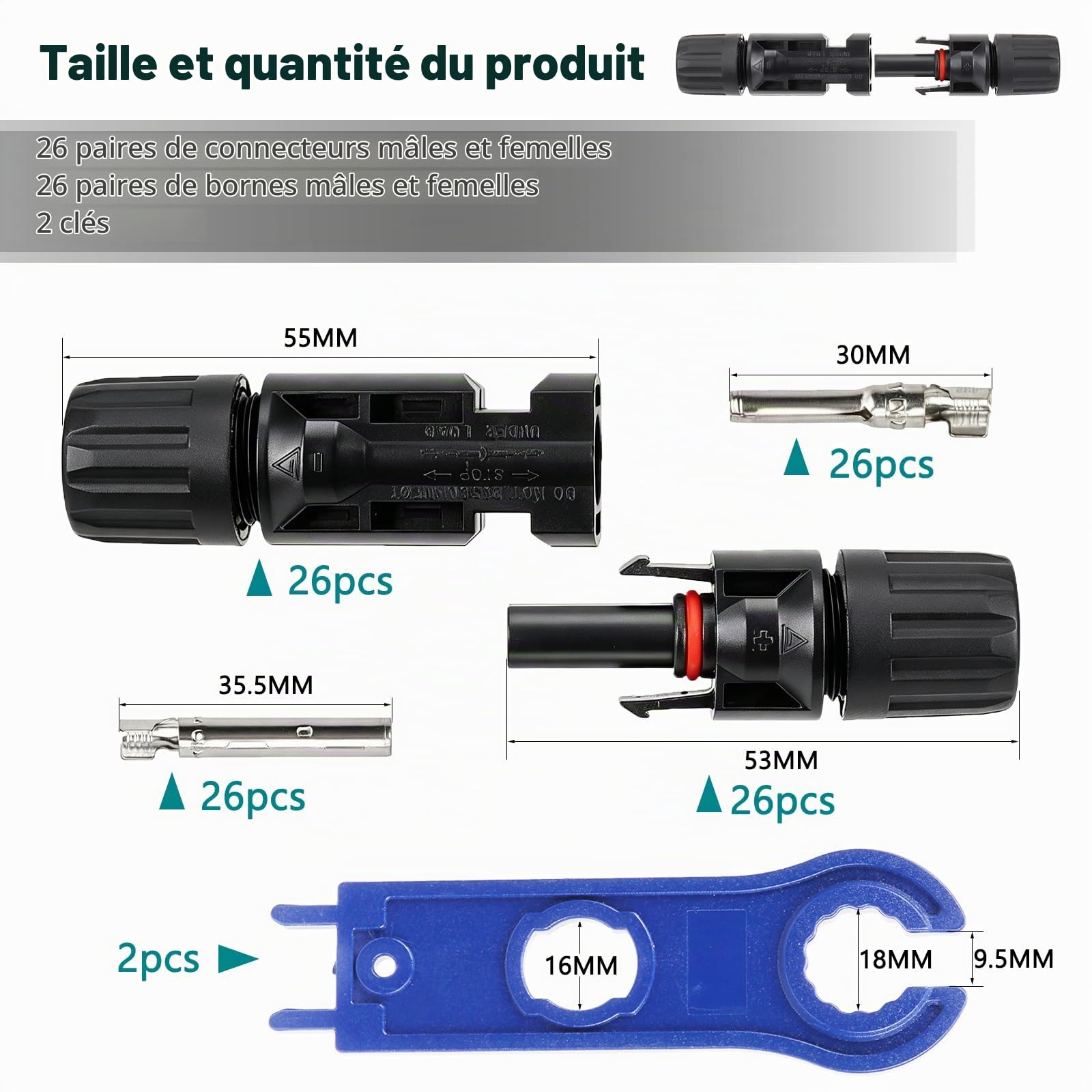 26 paires de connecteurs solaires photovoltaïques, mâle/femelle Connecteur de câble de panneau solaire IP68 double bague d'étanchéité ，Pour Panneaux Solaires Cable Accessoires (26) (26)