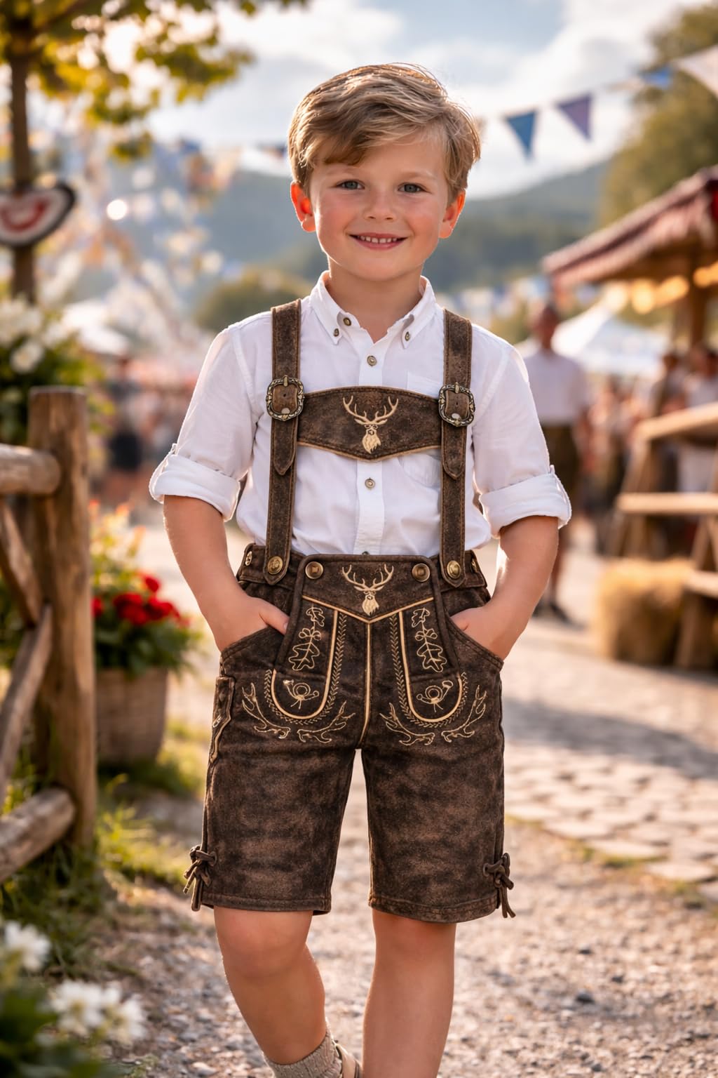 PAULGOS Kinder Trachten Lederhose KK2-ANTIK + Träger, Echtes Leder, Gr. 86-164