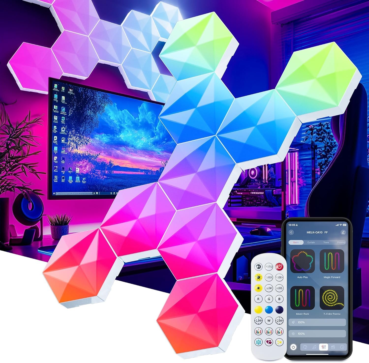 LPDISPLAY Sechseckige LED-Lichter, 55 mm, intelligente sechseckige Lichtpaneele, mit RGB-IC, Farbwechsel, Musik-Synchronisation, Zeitschaltuhr, Innendekoration, für Spielzimmer, Sechskant-Lichter, 10