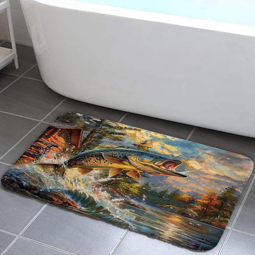 Xguatan Rustic Cabin Bath Rug, Country Lodge Bass Fish Lake Fishing Bathroom Rug, Funny RV Farmhouse Hunting Camp Forest Nature Art Fisherman Mat Soft
