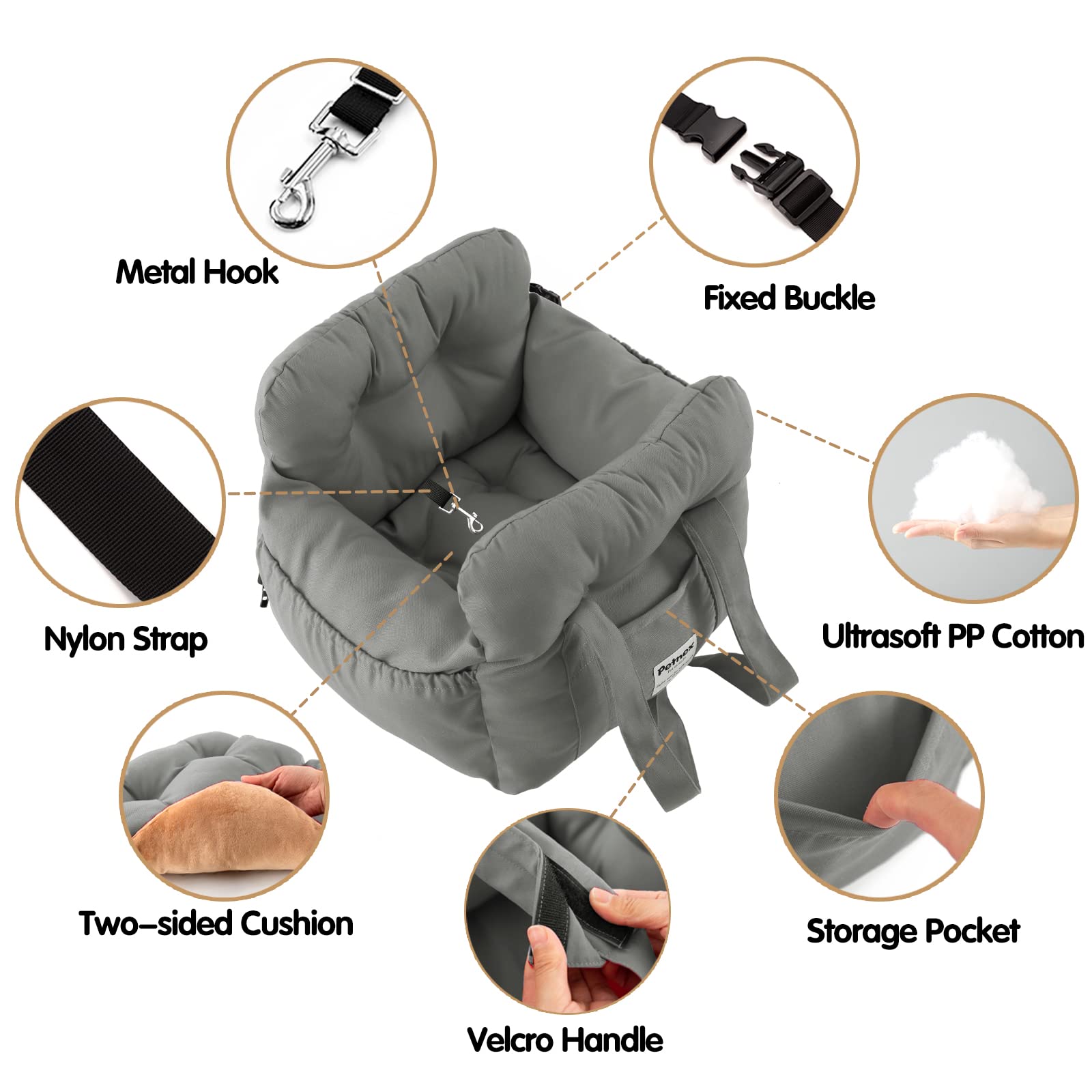 Petnex Dog Car Seat for Small Dogs, Portable Puppy Car Seat of Easy Installation, Fashionable Pet Carrier Bag with Large Pockets, Machine Washable Dog Booster Seat (Grey)