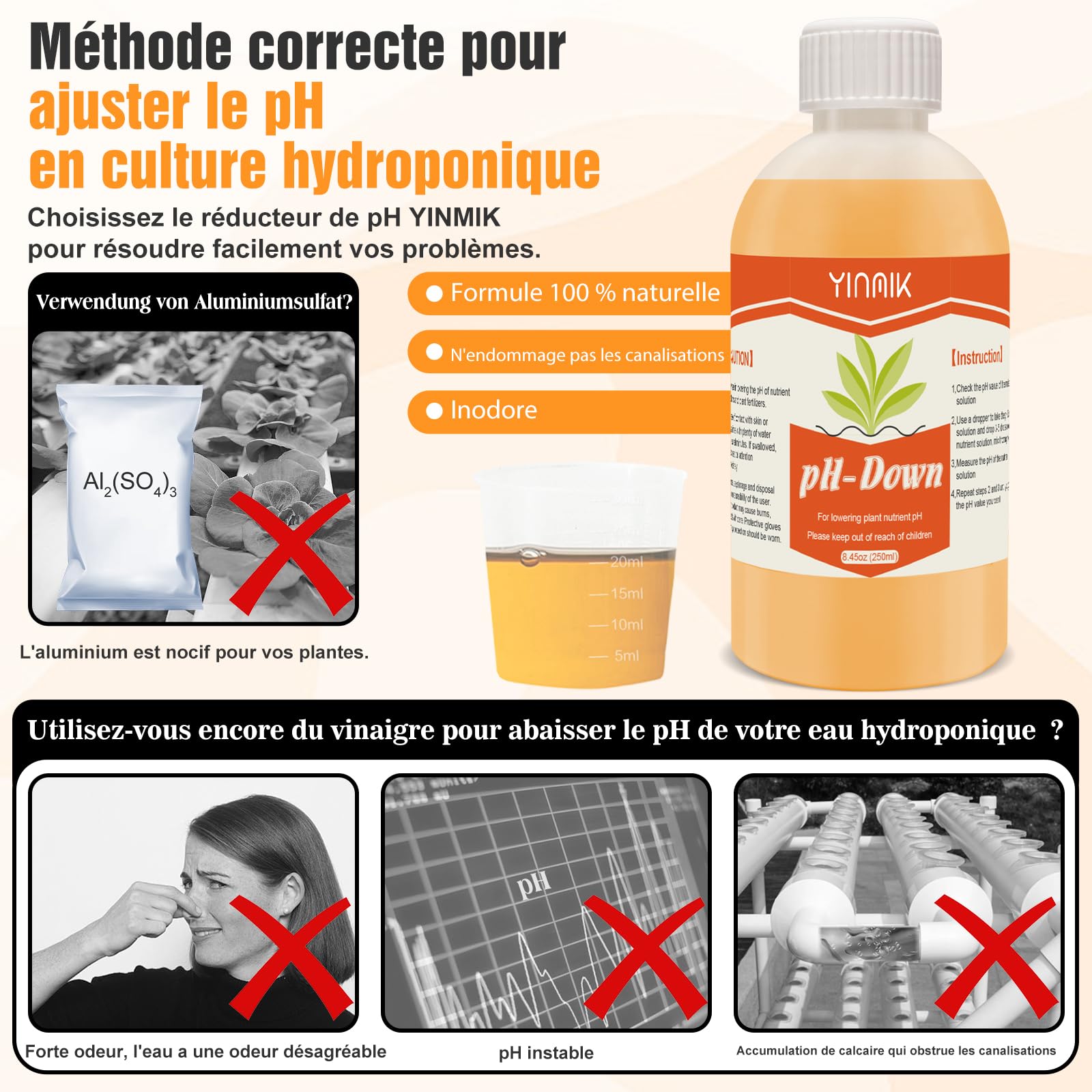 YINMIK Régulateur de pH Hydroponique Universel, Pack Régulateur PH UP & DOWN 250 ml, Augmente et Amincissant pH, Stabilise le pH et Convient à Tous Les Systèmes de Fertirrigation Hydroponique.