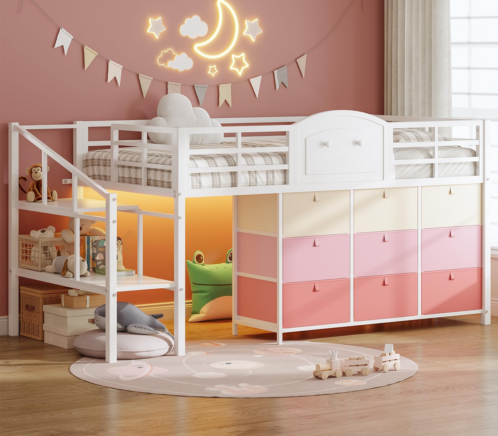 VIAGDO Low Loft Bed Twin Size with 9 Storage Drawers and LED Lights, Metal Twin Loft Bed with Stairway Shelf Storage, Low Loft Bed with Safety Guardrail and Under-Bed Hideaway for Kids, White
