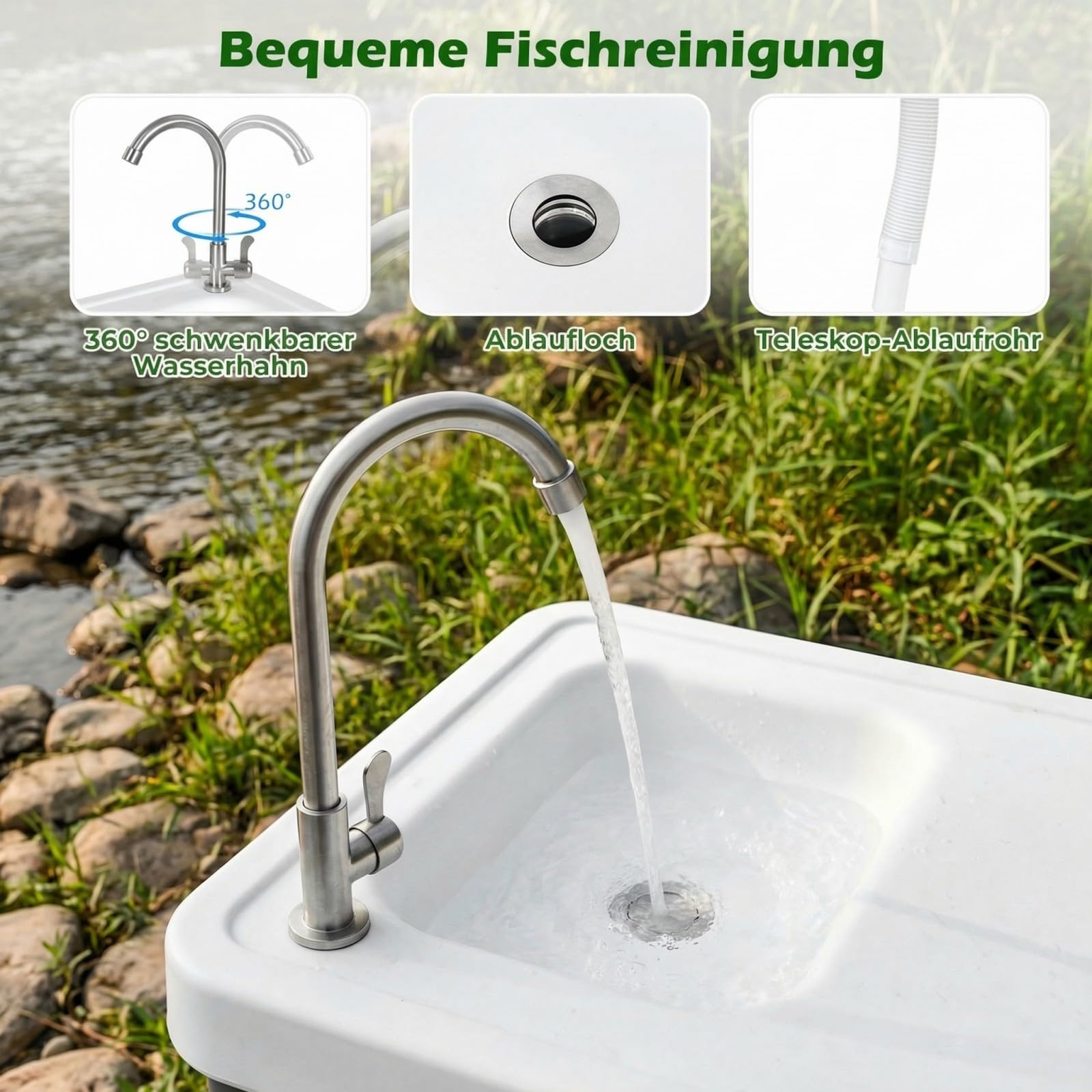 COSTWAY Fischreinigungstisch klappbar, Filetiertisch mit Spüle, Wasserhahn & Messskala, Campingtisch für Garten, Terrasse & zum Angeln, 104 x 59 x 76 cm, Weiß