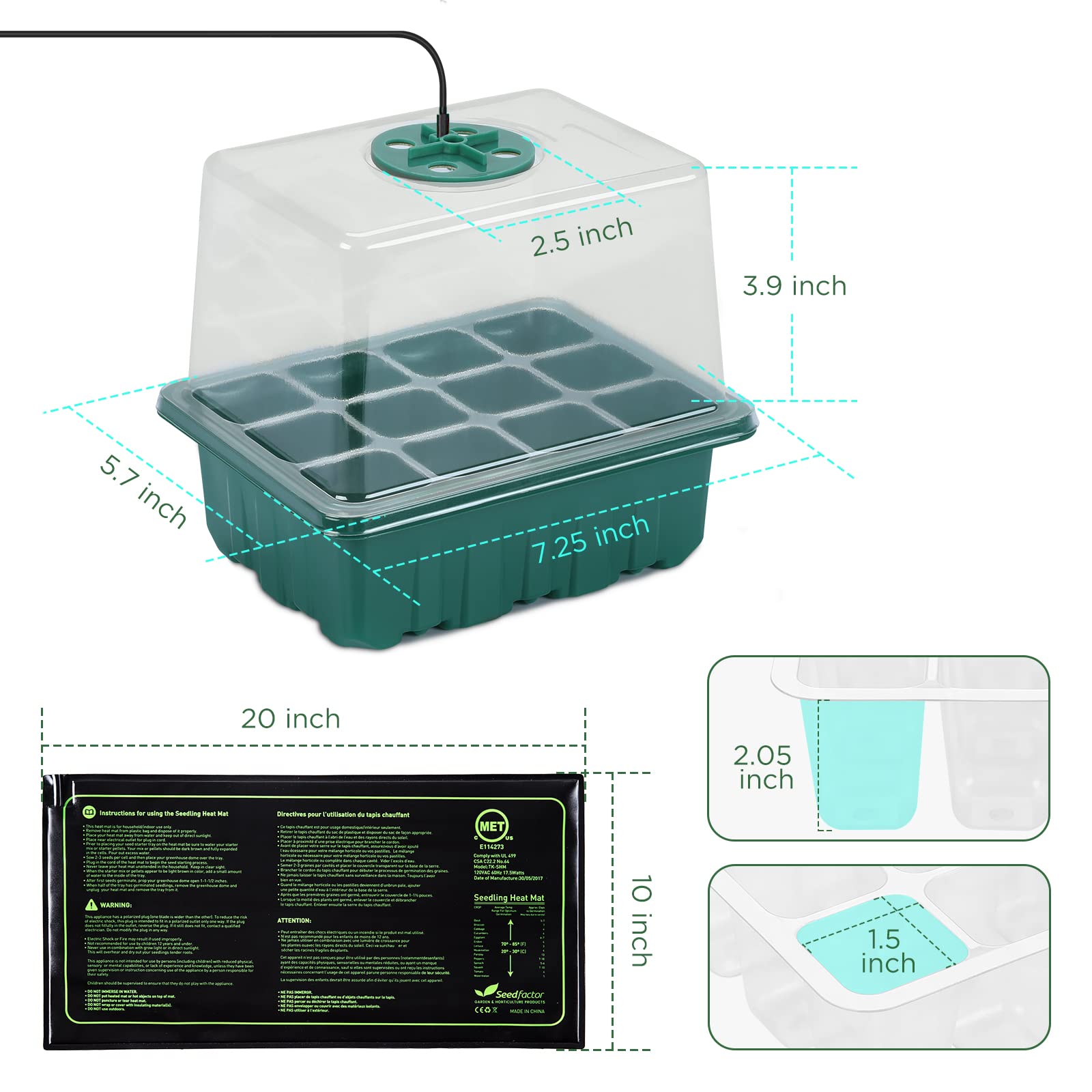 Lot de 7 kits de démarrage de graines avec lampe de croissance (12 cellules par plateau), plateaux de germination des plantes avec humidité réglable, plateaux de semis avec plateaux de base