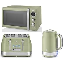 Swan Retro Revive Green 1.7L 3KW Jug Kettle, 4 Slice Toaster & Retro 800W 20L Microwave. Matching Vintage Design Kitchen Set in Green with Chrome Accents