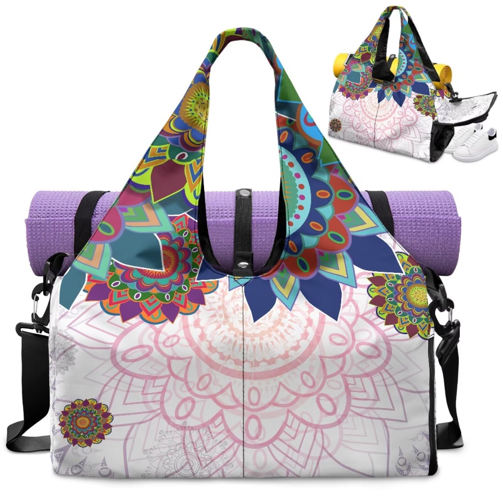 Mandala torba gimnastyczna damska z przegródką na buty, kieszenie do przechowywania na mokro i sucho, torba podróżna, torba sportowa, mata do jogi, przenośna torba na ramię, Totem lotosu