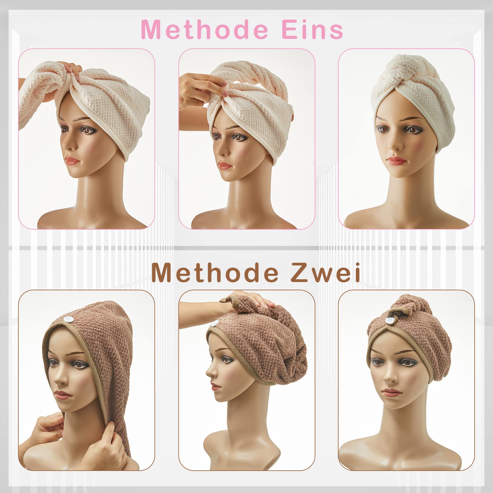 Turban do włosów, 5 sztuk, turban, ręcznik z guzikiem, szybkoschnący ręcznik do włosów, ręcznik z mikrofibry, turban, ręczniki do wszystkich rodzajów włosów