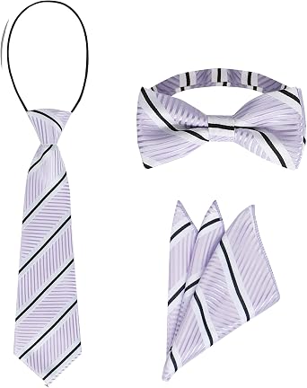 DHTS Boys Bow Tie Striped Neckties and Pocket Square Set Ties for Kids Age 6-16 Wedding Party School Christmas Easter