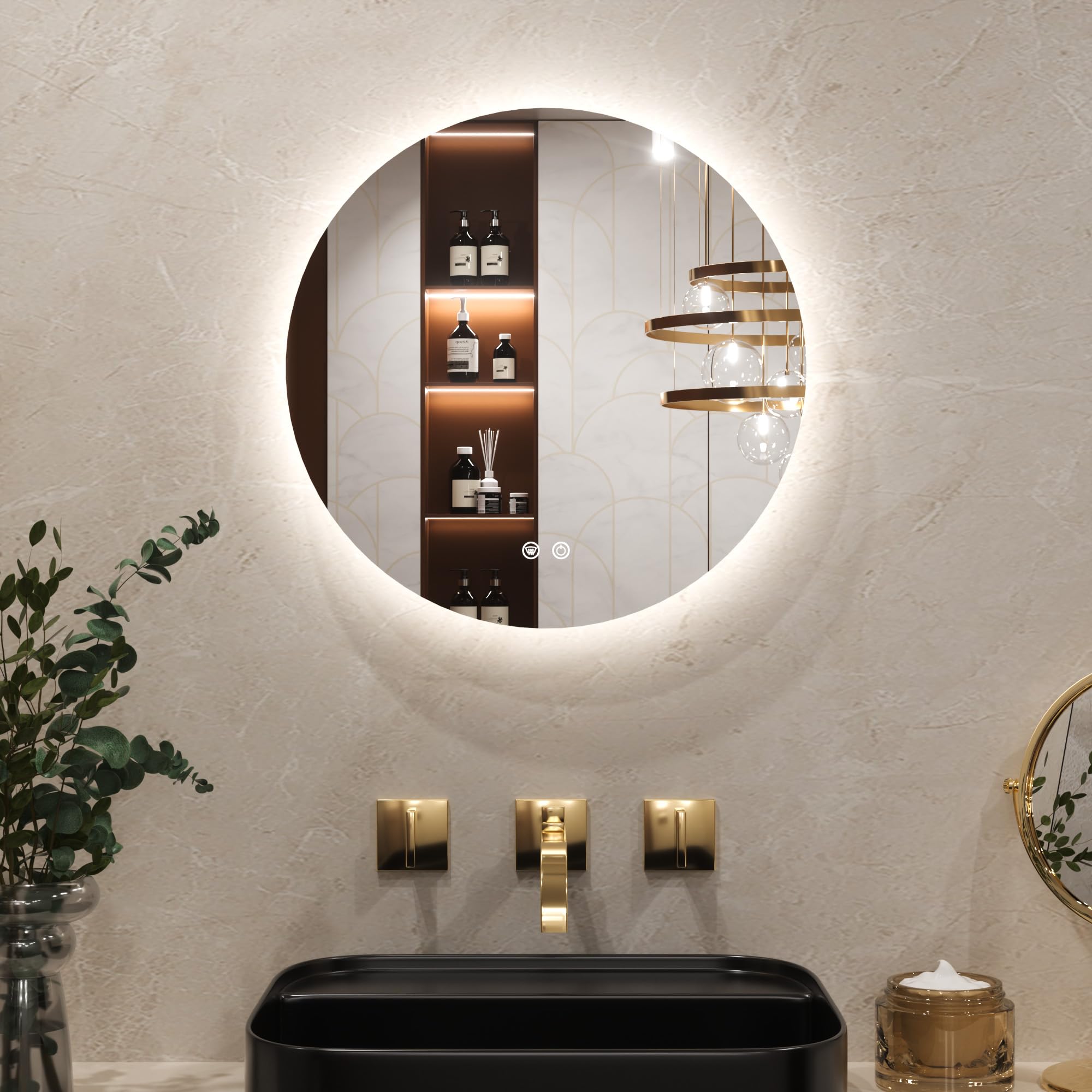 Keonjinn Round Bathroom Mirror with LED Lights, 50cm Illuminated Light Up Bathroom Mirror with Backlit Light, Anti-Fog Wall Mounted Vanity Mirrors 3 Colors Dimmable, Memory Function