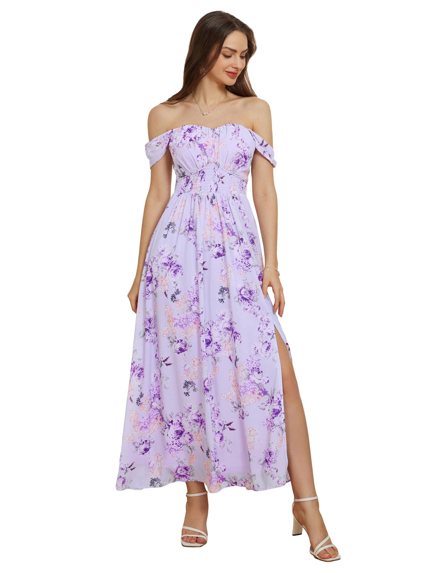 GRACE KARIN Vestido de Mujer Plisado Fuera del Hombro Sin Mangas Gasa hasta el Tobillo