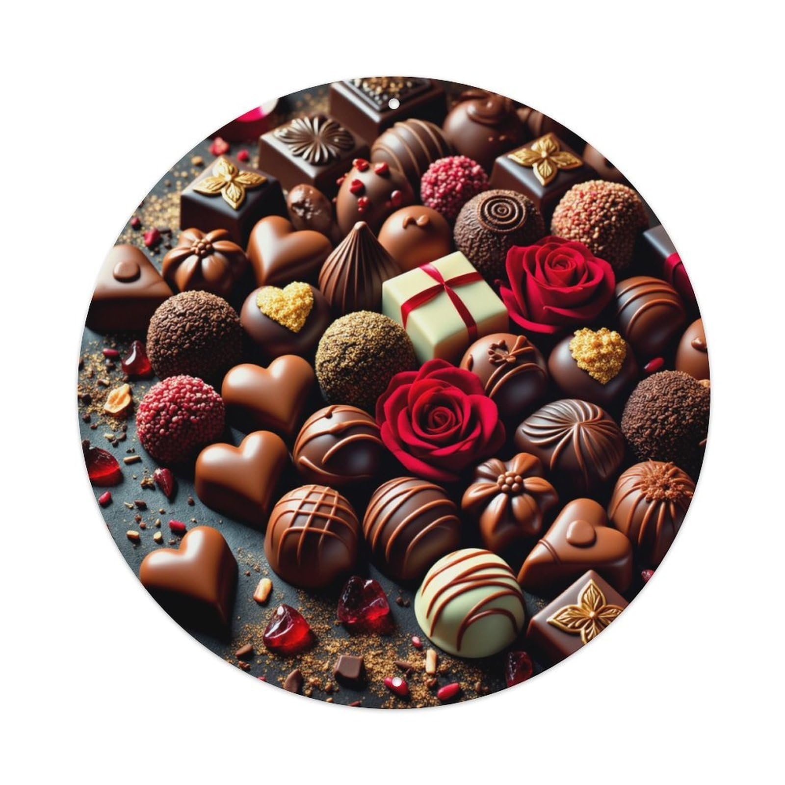 Chocolate Hearts Roses Flowers Gift Round Tin Sign Vintage Metal Poster, Home Bar Garage Man Cave Cafe Indoor & Outdoor Wall Decoration 8x8Inches