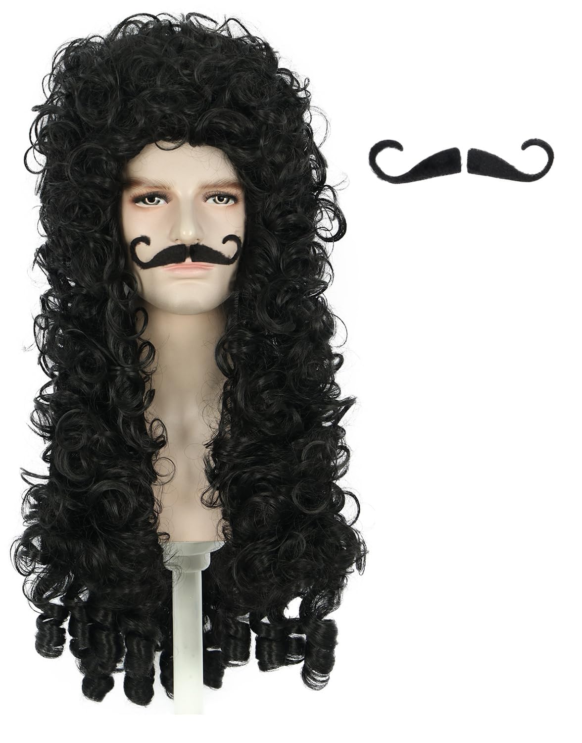 karlery Long Curly Black Wig and Moustache Halloween Pirate Captain Cosplay Party Costume Wig