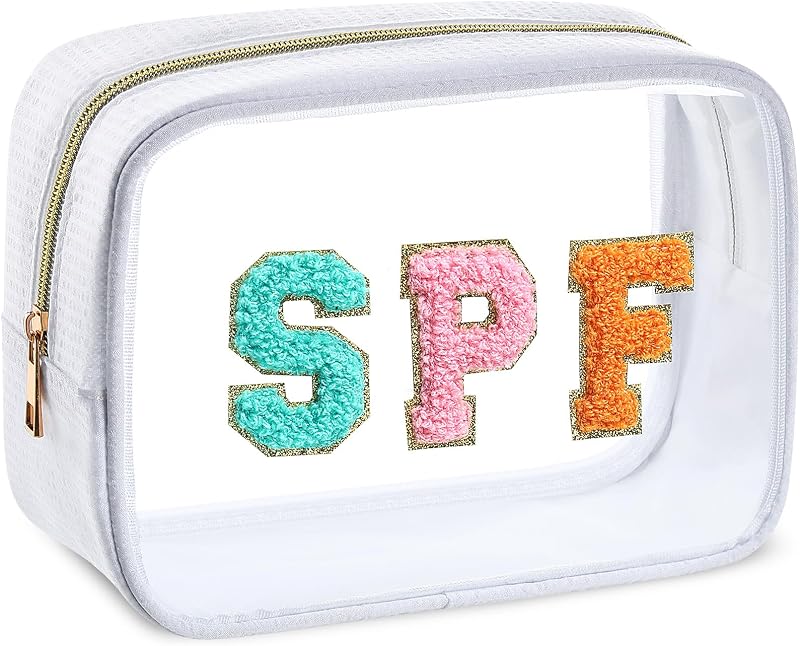 Necessaire Sanwuta em seersucker com estampa de letras, transparente, branca, 20,07 cm x 16 cm x 8 cm
