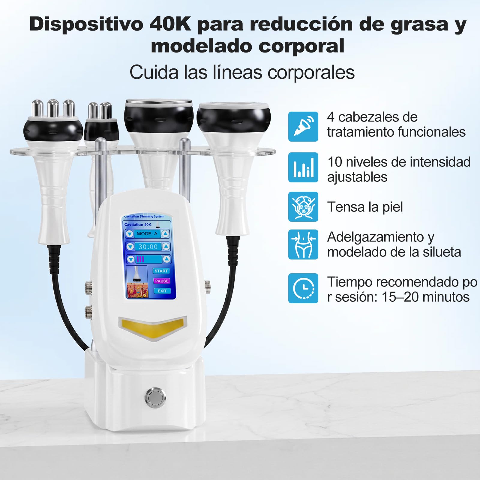 4 en 1 Cavitación 40K Radiofrecuencia Profesional Facial y Corporal | Tratamiento anticelulítico profesional, reafirma la piel y define la silueta, ideal para cuidado facial y corporal en casa