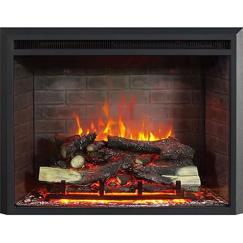 Gavin 33 Inches Electric Fireplace Insert with Log Speaker, Designed for Stud, Wood Burning Opening, Cabinet & Wood Mantel, Remote Control, 750/1500W, Black