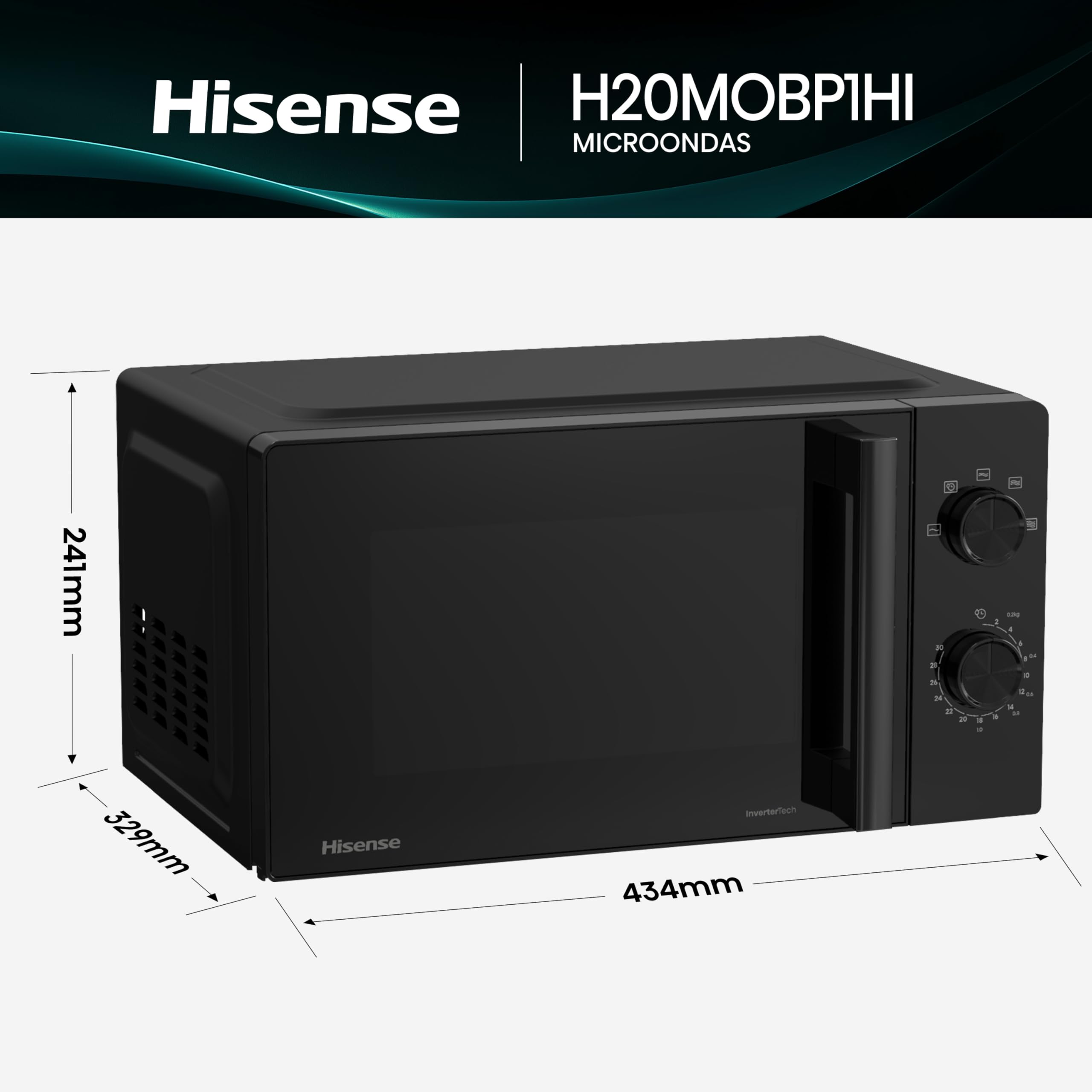 Hisense H20MOBP1HI - Microondas 20 Litros, 700W, Inverter Expert, Descongelación Rápida, Calentamiento Uniforme, Silencioso, Revestimiento Cerámico, Cristal Premium, Modo ECO, 5 Programas