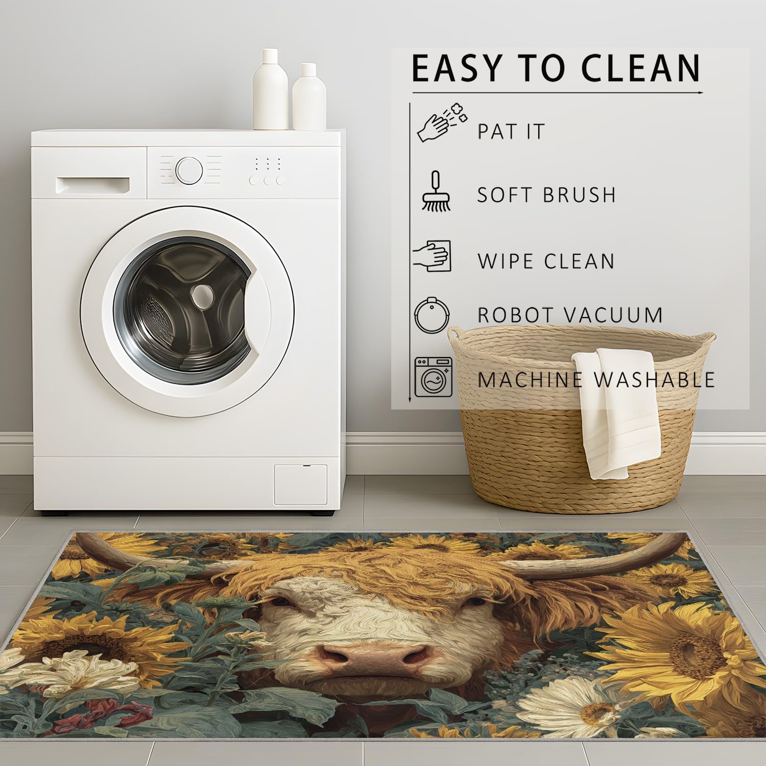 Generisch Retro Kuh Sonnenblumen Fantasie Kurzflor Teppich, Waschbarer Flauschig Teppich, 60 x 90 cm Wohnzimmer Anti Rutsch Extra Große Teppiche Schlafzimmer Weich Teppiche Senfgelb