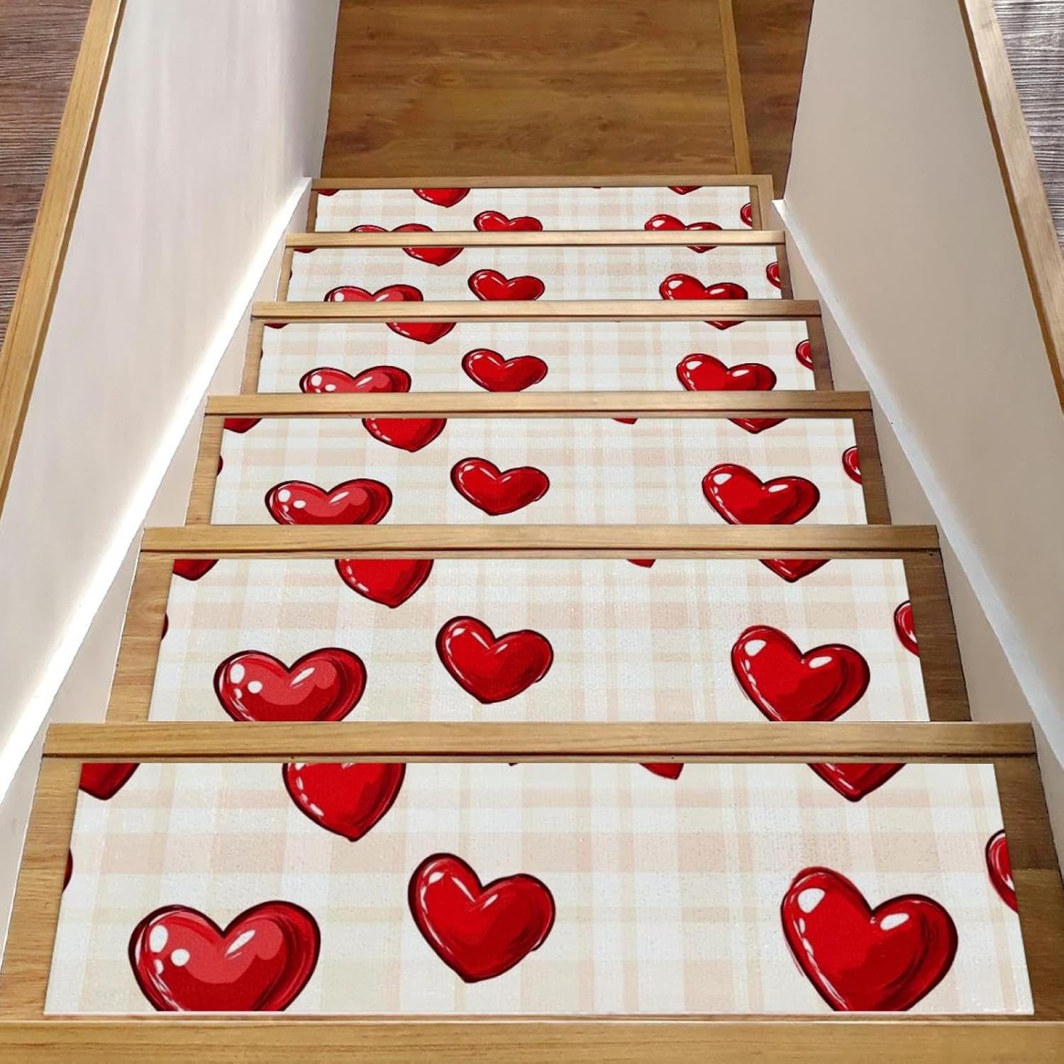 Self Adhesive Residue Free Machine Washable Reusable Stair Treads Non Slip Steps Hearts and Check Seamless Background (2) Stair Runner Indoor – 15 Pack 30″X8″ Anti Slip Mats
