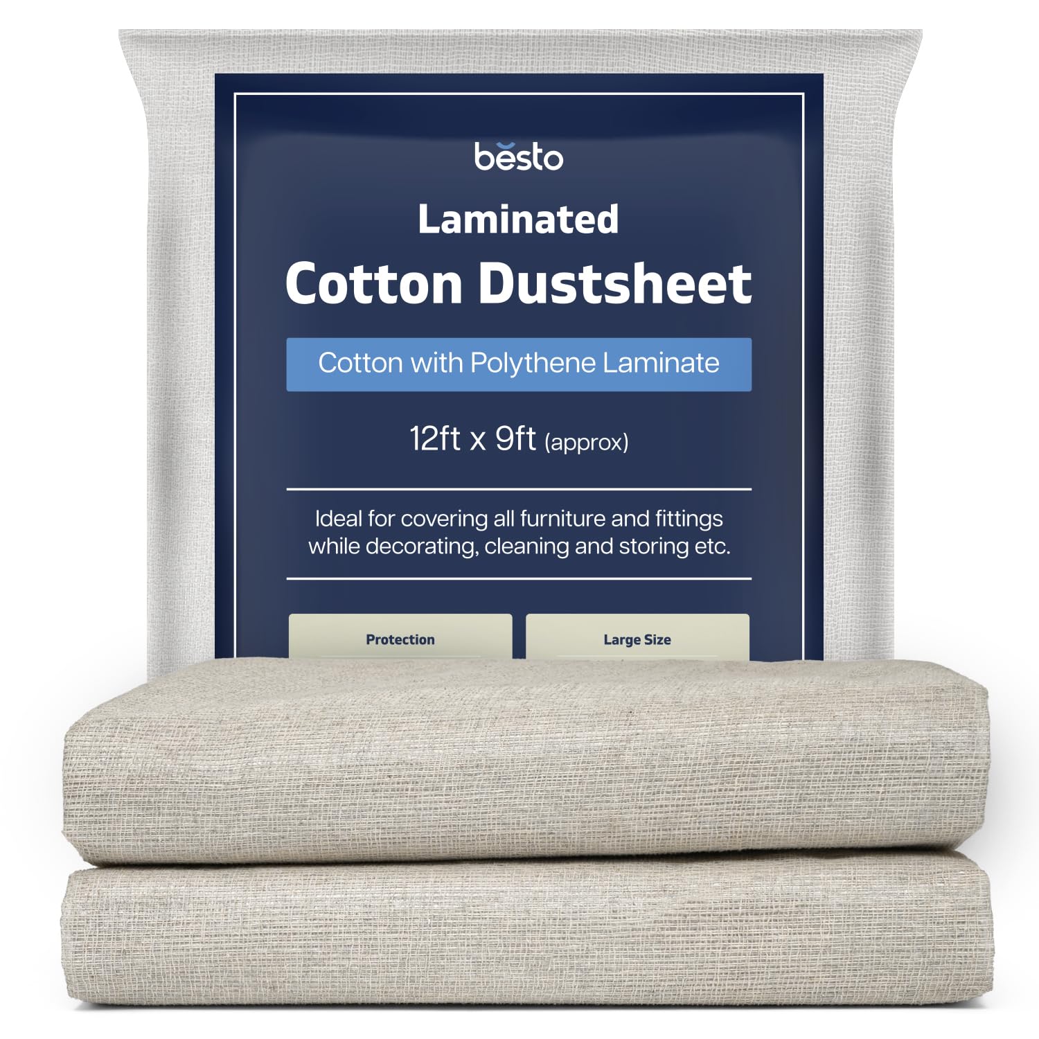 Besto 2Pk Laminated Dust Sheet Pack Of 2 Cotton Dust Sheets For Decorating, Waterproof 12Ft X 9Ft Dust Sheets Twill Laminated Polythene Backed Reusable Paint Sheets For Floor, Staircase
