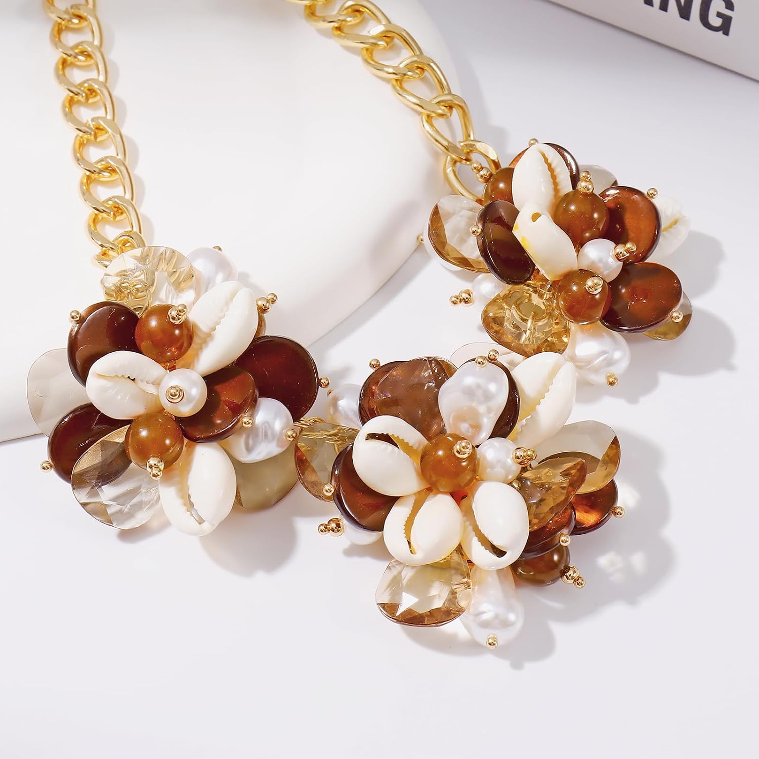 Bocar Chunky 3 Shell Flower Collar Necklace Beach Statement Choker Necklaces for Women Handmade Women Jewelry Party Gift (NK-10800)