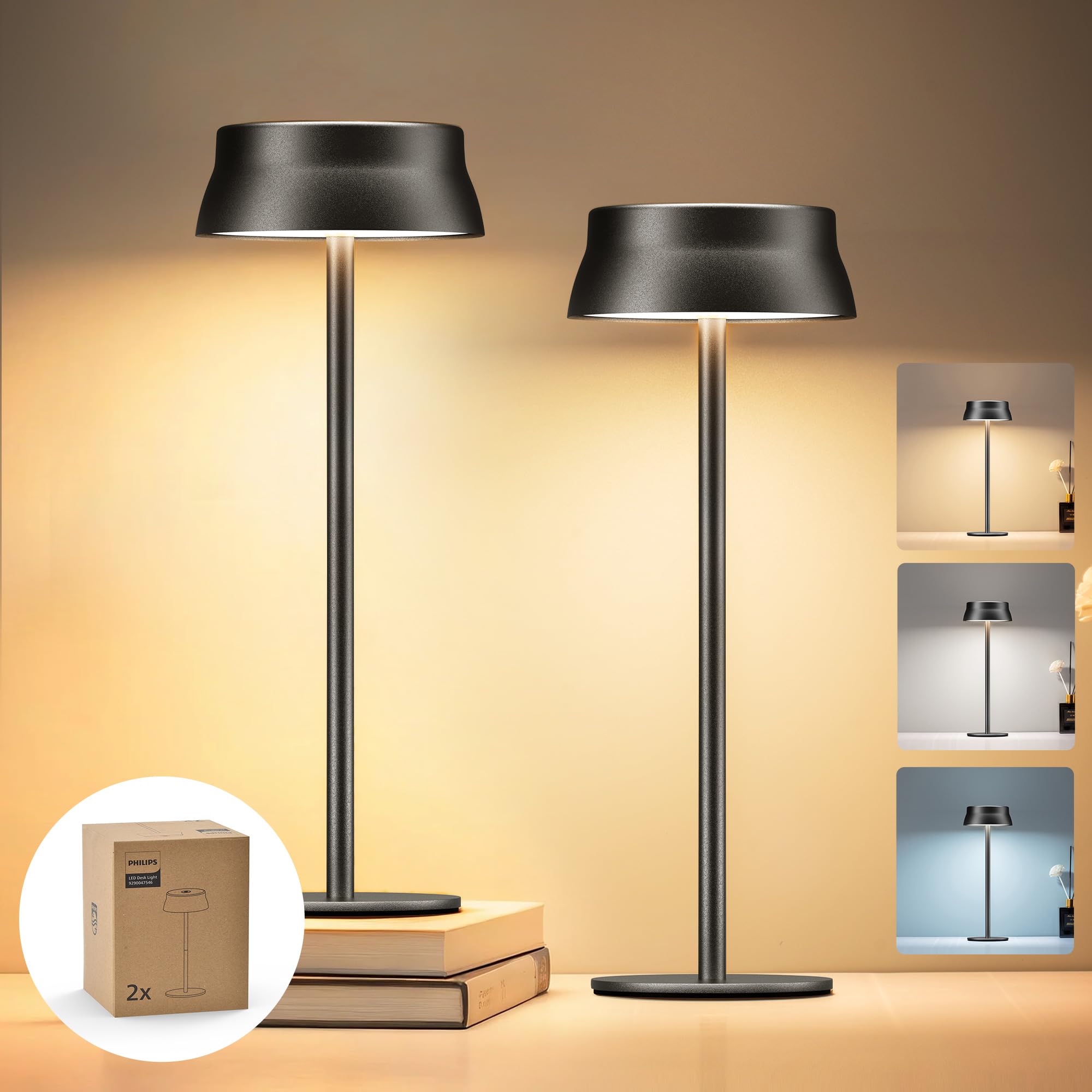 Philips Cordless Table Lamp, Portable Outdoor LED Desk Light,Rechargeable Battery Operated, 2 Adjustable Height, Touch Control & 3 Color Stepless Dimming, Waterproof Lamps for Restaurant/Bedroom