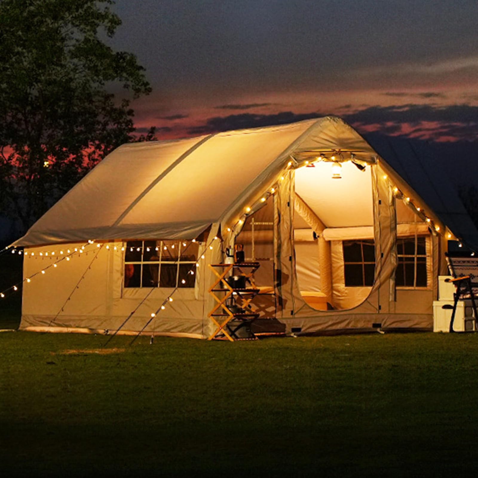 6-8 Man Inflatable Tent Blow Up Tent with Stove Jack, 4 Season Waterproof Windproof Large Air Tent with Pump, Outdoor Glamping Tents Large Family Tent, Quick To Set Up