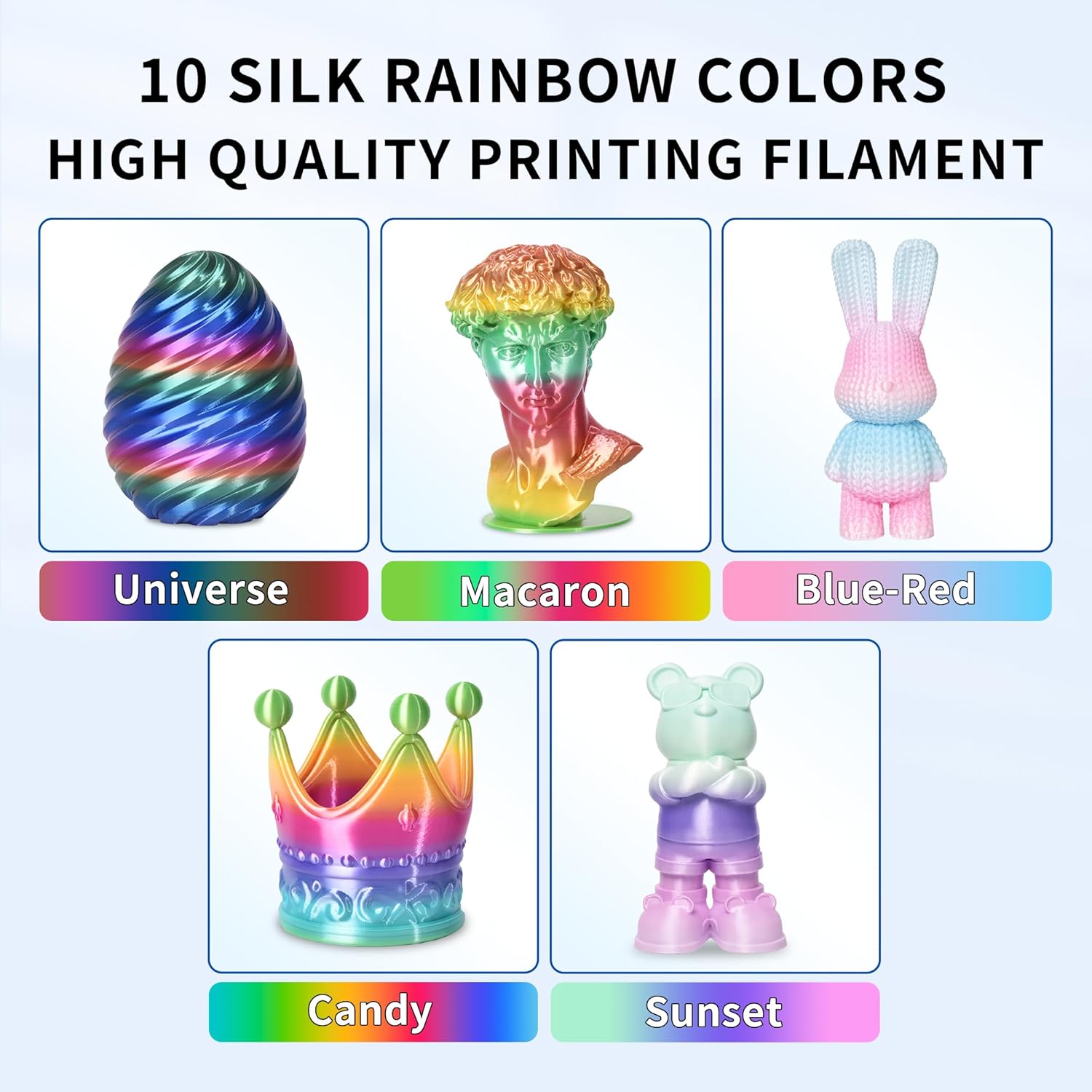RAMBERY Silk Rainbow PLA 3D Printer Filament Bundle, 10 Colors Total 10kg, 1.75mm Multicolor Gradient 3D Printing Filament for Most FDM 3D Printers, 1KG Spool (2.2lbs) x 10 PCS - Image 2