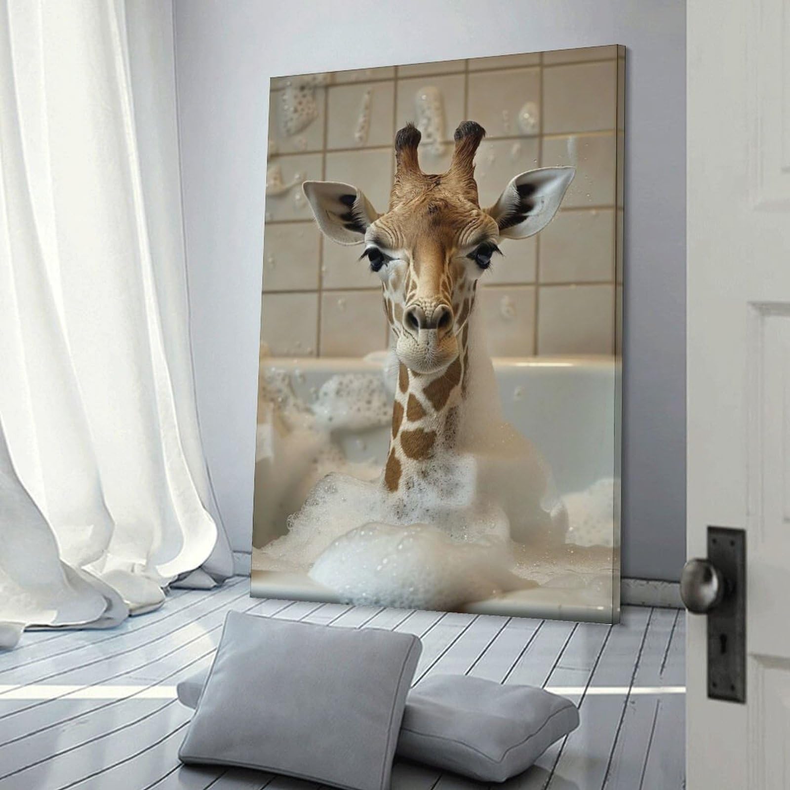 Junmoney Frame-Style-7 Giraffe In A Bubble Bath Canvas Wall Decor, 12X18inch(30X45cm), For Wall Displays, Bedrooms Or Room Updates, Wall Decor Suited To Curated Displays