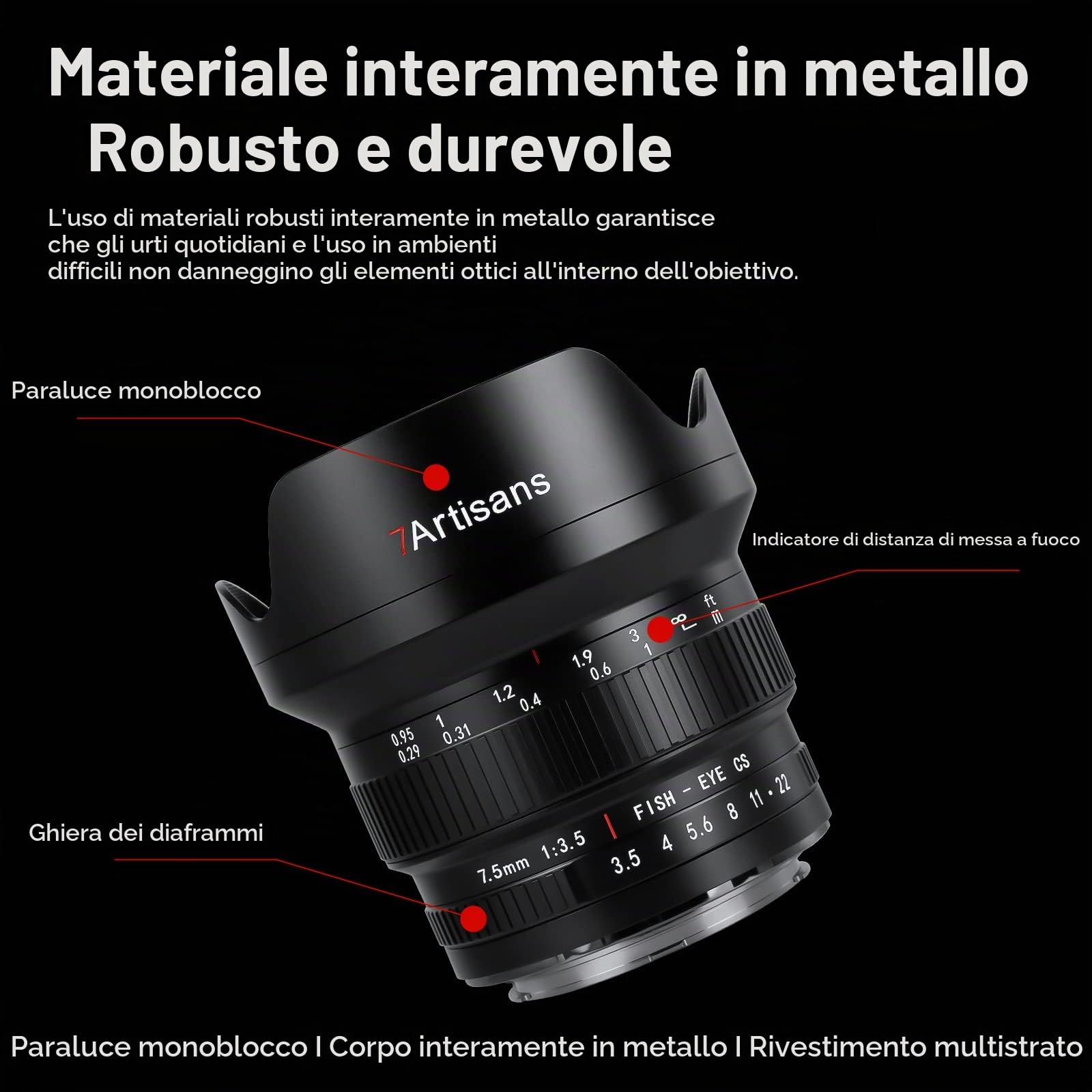 7artisans MF 7,5 mm F3.5 APS-C 205° Obiettivo fish-eye manuale ultra grandangolare compatibile con Nikon F
