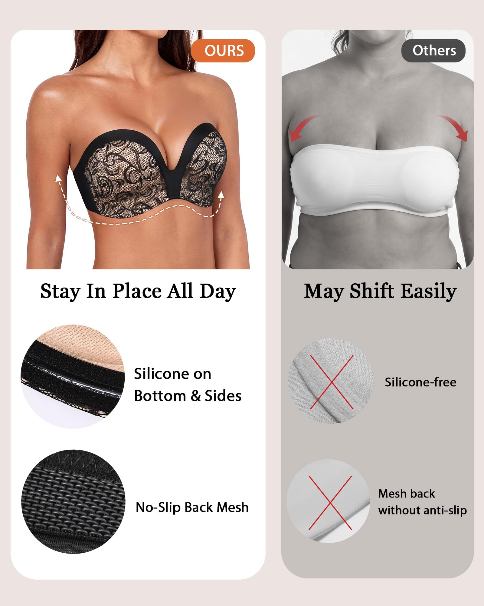 HACI Sujetador push up sin tirantes para mujer, antideslizante, acolchado, sin varillas | Levantamiento, invisible, antideslizante