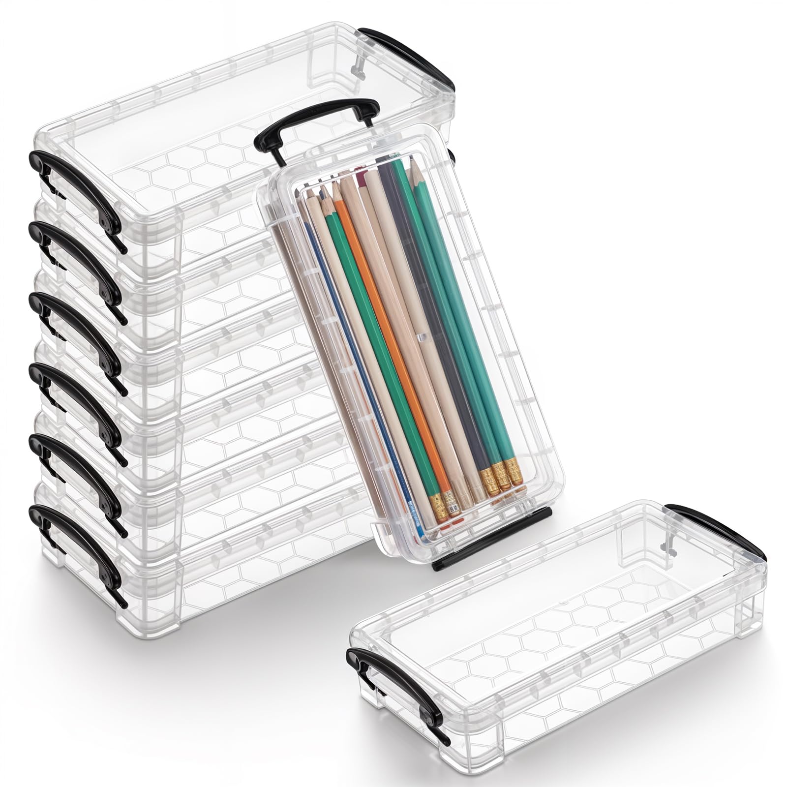 JOUTYFOR 8Pack Clear Pencil Box Plastic Storage Containers with Latching Lids Stackable Office Supplies Organizer for Gel Pens Erasers Crafts Markers