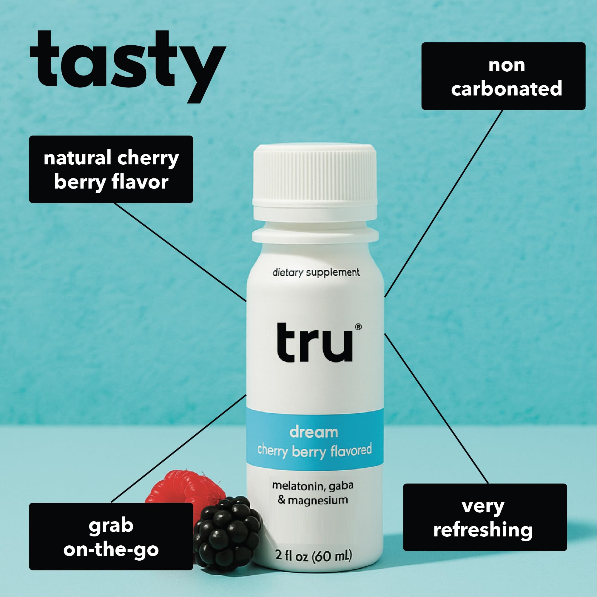 Tru Dream Shot, Extra Strength Sleep Supplement with Melatonin, GABA, Chamomile & Magnesium, Cherry Berry Flavored Wellness Drink, Gluten Free, Vegan, Caffeine & Sugar Free, 2 FL OZ Bottles, 12 Pack — Amazon image 3