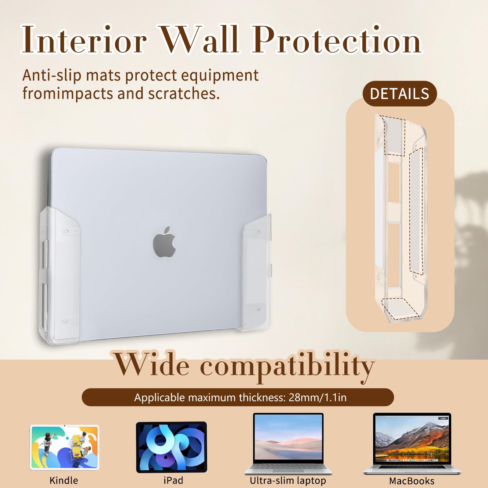 Trasparente Supporto da Parete per Computer Portatile con Silicone Antigraffio, 28mm, Compatibile con MacBook Mini, Surface iPad