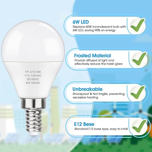 Miniatura 7 de MAXvolador Bombillas LED E12 de 60 W equivalentes a luz diurna de 5000 K, bombillas de ventilador de techo, 600 lm CRI 85+ bombillas de base