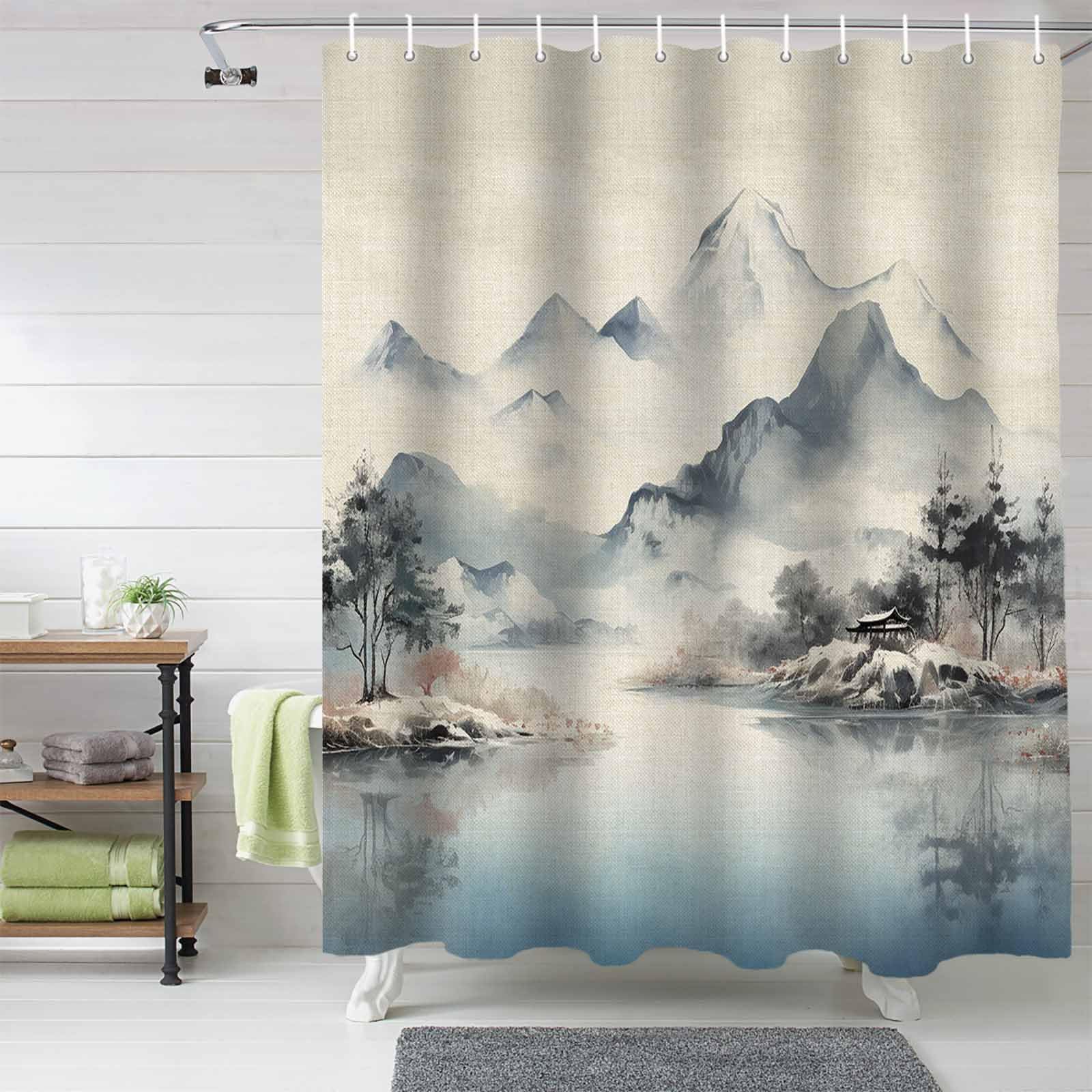 Uiyiui Multicolor-4 Mountain Landscape Shower Curtain 39X71in/100X180cm/Wxh Abstract Ink Painting River Tree Lake Scenery Fabric Shower Curtains For Bathroom Decor, Waterproof Polyester Fabric With Hooks