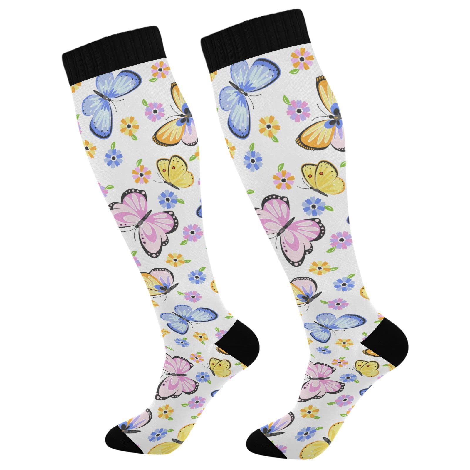 Wusikd Butterfly Flowers Compression Socks for Women and Men Circulation Cute Long Socks for Athletic Running 1